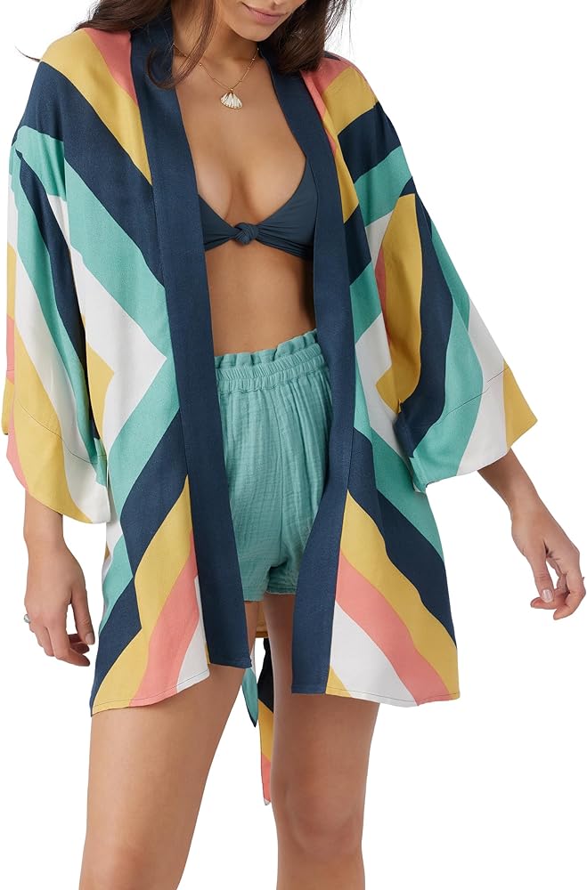 O'NEILL Women's Kimono Inspired Swimsuit Coverup Dress - 3/4 Sleeve Beach Cover Up Dress - Short Cover-Up with Tie Belt