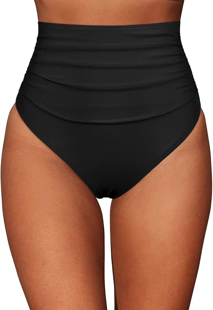 Firpearl Women's High Waisted Bikini Bottom Retro Ruched Tankini Brief Tummy Control Swim Bottoms