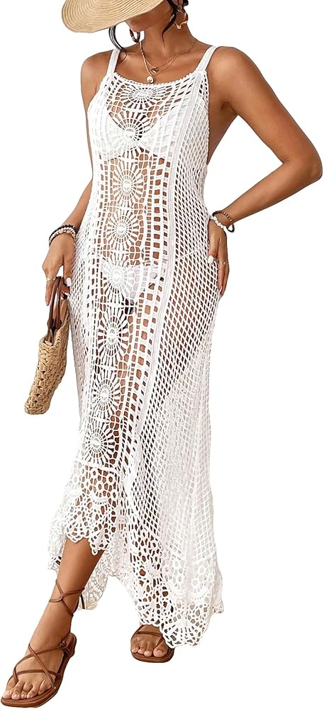 OYOANGLE Women's Crochet Hollow Out Beach Dress Swimsuit Cove Ups Summer Split Long Swim Dresses