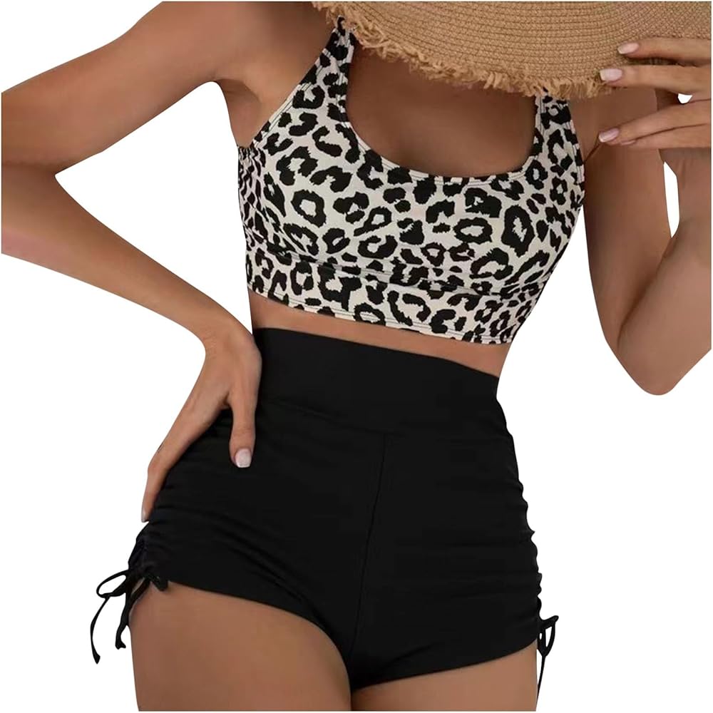 High Waisted Bikini Sets for Women Trendy Leopard Print Casual Backless Swimsuits Drawstring Two Piece Bathing Suits