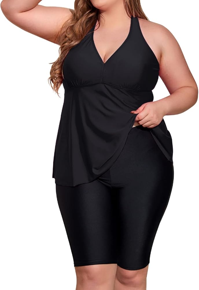 Firpearl Plus Size Bathing Suit for Women Flowy Tankini Top with Swim Capris Athletic Two Piece Swimsuits