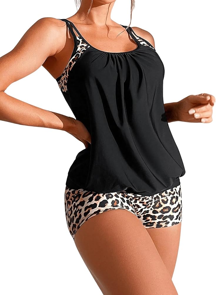 SOLY HUX Tankini Swimsuits for Women Leopard Print Tops and Shorts Bathing Suits Two Piece Swimsuit