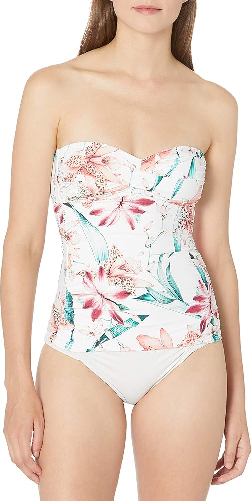 La Blanca Women's Standard Bandeau Tankini Swimsuit Top, White//Flyaway Orchid, 0