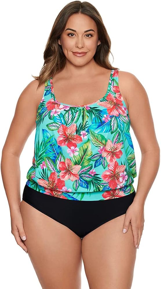 Penbrooke Women's Plus Size Swimwear Taste of Tropic Shirred Neck Blouson Underwire Bra Tankini Top, Aqua, 18W