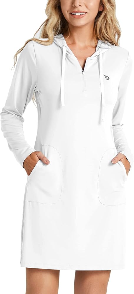 BALEAF Women's Long Sleeve Zip Beach Coverup UPF 50+ Sun Protection Hooded Cover Up Shirt Dress with Pockets