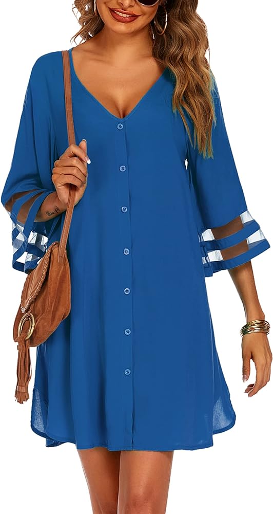 AOLRO Women's Swimwear Cover Ups for Beach,V-Neck Button Down Kimono Cardigans Swimsuit Coverup for Women S-XXXL