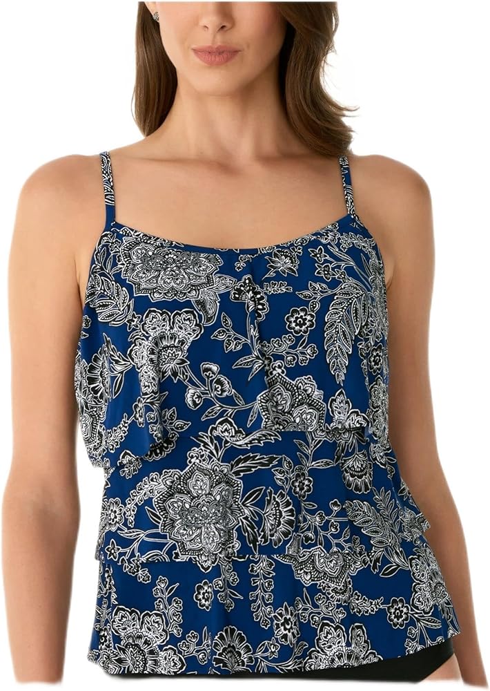 Women's Navy Paisley Stretch Full Bust Support Lined Adjustable Tiered Scoop Neck Tankini Swimsuit Top 8