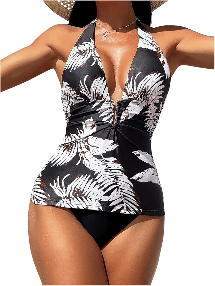 MakeMeChic Women's tropical print two piece swimsuit ring halter v neck tummy control tankini bathing suit