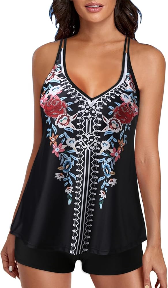 Plus Size Vintage Tribal Print Double Straps Tankini Top Swimsuits for Swim Dresses for Older Women Underwire