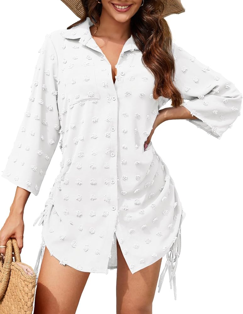 Cover Ups for Swimwear Women 2024 Drawstring Swiss Dot Button Down Swim Cover Up Beach Dress Shirt