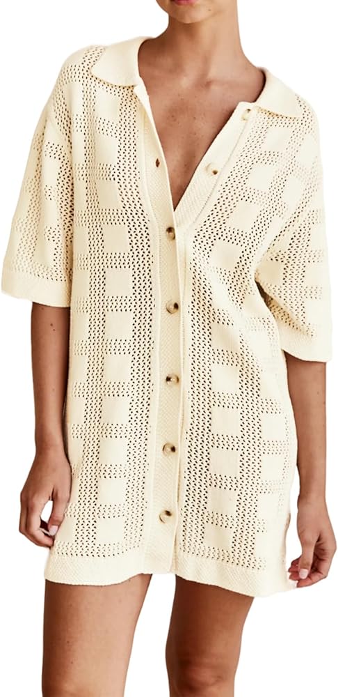 Kedera Women's Button Up Cover Ups Knitted Hollow Shirt Dress Short Sleeve Summer Cutout Dress Swimwear Crochet Dress Beige