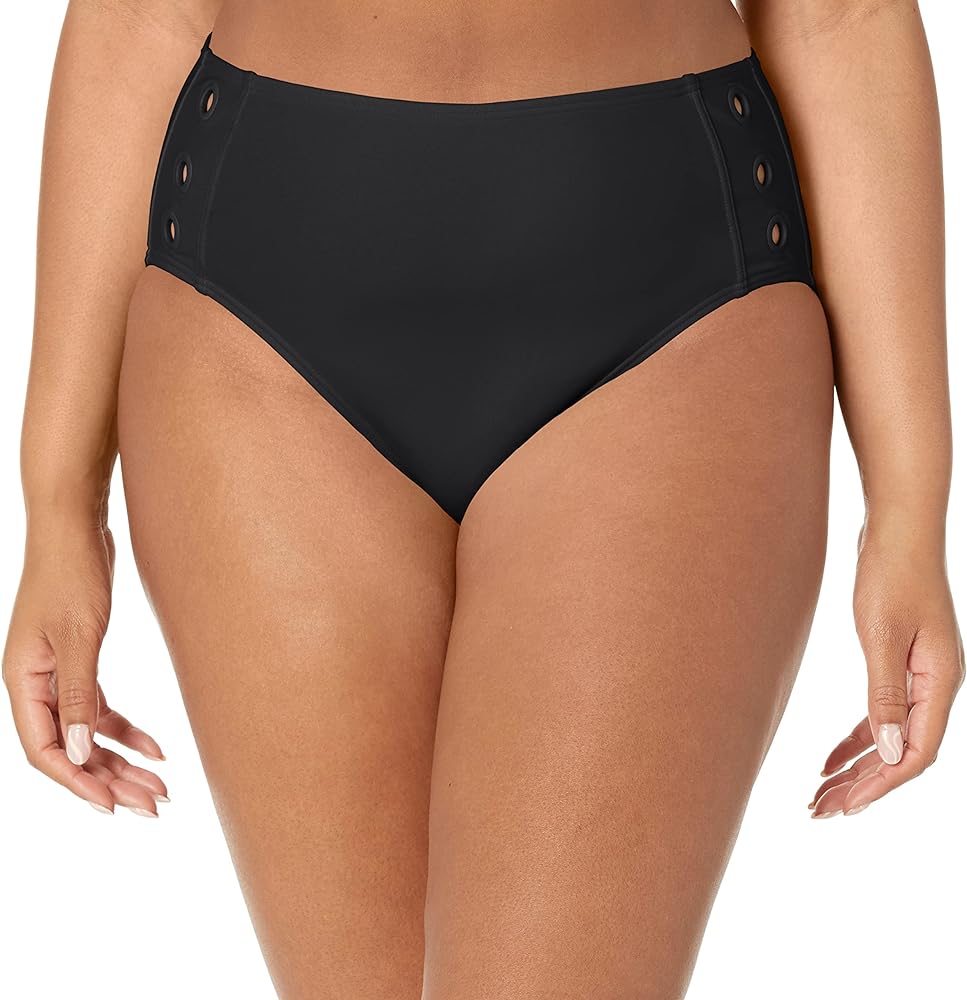 DKNY womens High Waisted Full Coverage Bathing Suit Bikini Bottoms, Black 2, Large US