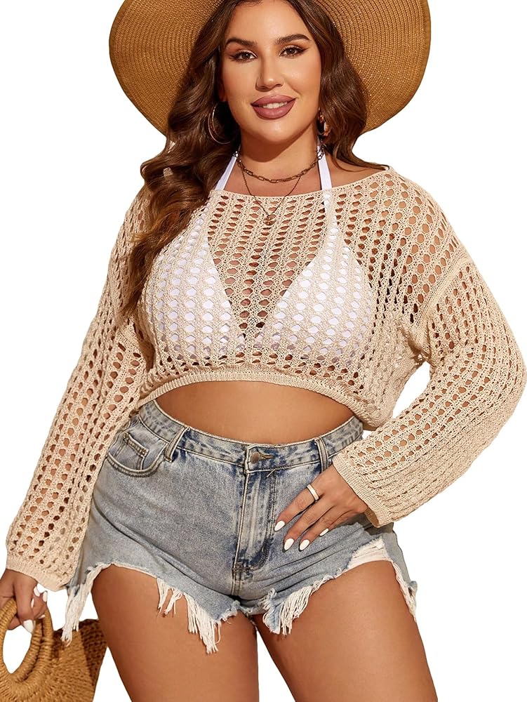 GORGLITTER Women's Plus Crochet Hollow Out Cover Up Tops Long Sleeve Boat Neck Knit Crop Top Beachwear