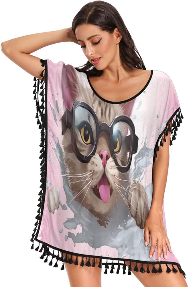 Cute Glasses1 Cat Bathing Suit Cover Up Beach Cover Ups Summer Dress Swimsuit Coverup for Women S