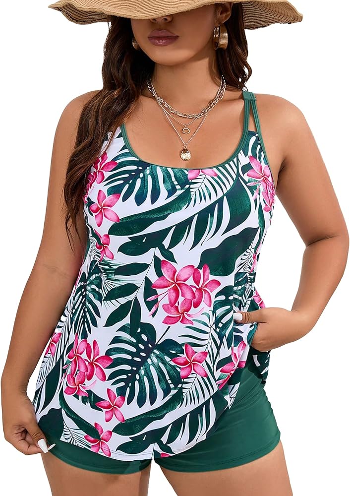 MakeMeChic Women's Plus Size Tankini 2 Piece Swimsuit Tropical Bathing Suit Swim Tank Top with Boyshorts Swimwear