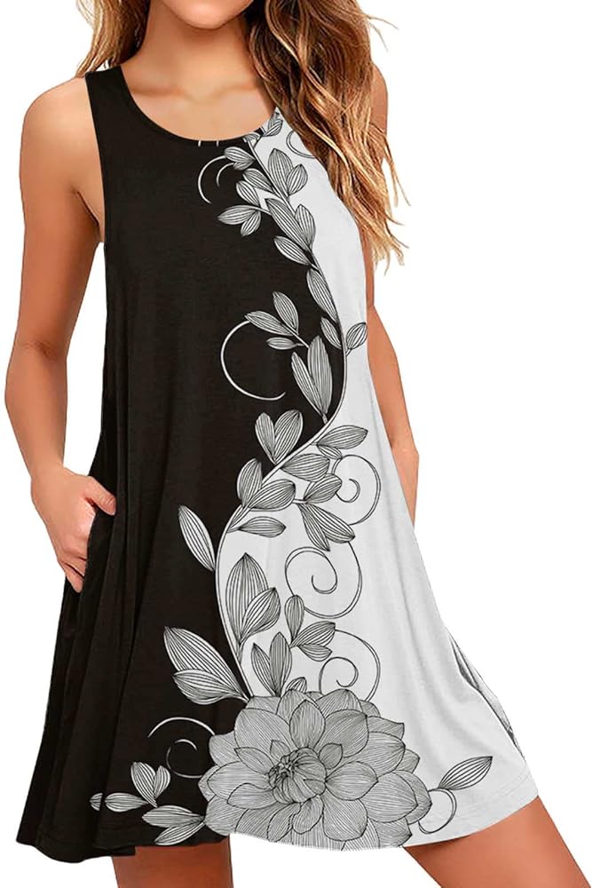 Women's Floral Tank Dress Summer Sleeveless Casual Tshirt Sundress for Beach Floral T-Shirt Dress for Women (Black-A, L)