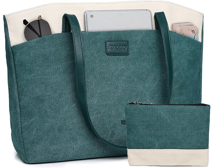 RAVUO Bolso Grande Mujer, Bolso Tote Bolso Ordenador Portátil 15.6 Pulgadas Impermeable Bolso Universidad Bolso Shopper de Lona 2pcs Set para Oficina Trabajo,Verde