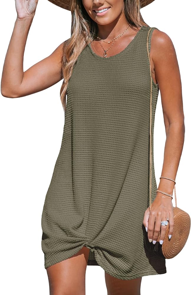 CUPSHE Women's Sleeveless Swimsuit Coverup Waffle Knit Swimwear Beach Cover Ups Twisted Mini Dress