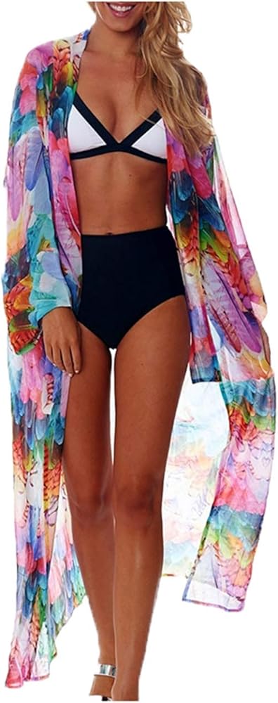 Wander Agio Womens Bikini Cover Ups Beach Casual Dress Coverup Swimsuits Long Cardigan Buttons Chiffon