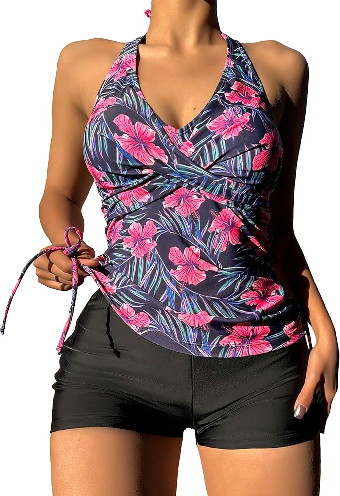 MakeMeChic Women's Tropical Floral Modest Tankini Swimsuits Wrap Knot Halter Two Piece Bathing Suit