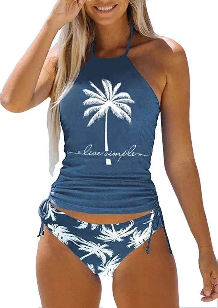 Womens Two-Piece Tankini Set Coconut Tree High Neck Tankini Top Sets Summer Swimsuit Sets Bathing Suits Swimwear(Blue2,L), Large