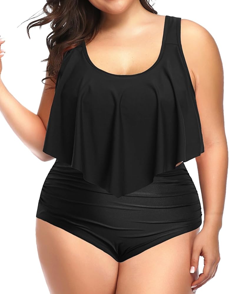 Aqua Eve Two Piece Plus Size Swimsuit for Women High Waisted Bathing Suit Tummy Control Tankini Top Bikini Bottom