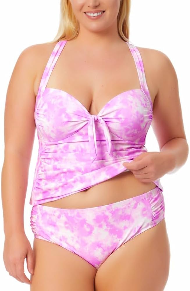 Women's Trendy Plus Size Tie-Dye Molded-Cup Tankini Top (Pink Print, 2X)