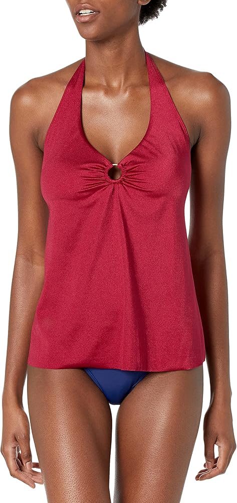 TAHARI Women's Ring Front Halter Flyaway Flare Tankini Top Swimsuit