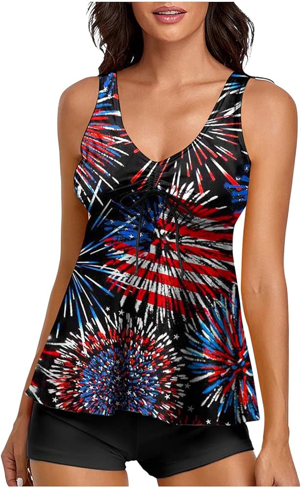 Women's 4th of July Plus Size Tankini Athletic Swimwear Patriotic Flowy Swim Dress with Shorts Tankini Swimsuits Red Blue White Stars Stripes Print Women Tankini Swimsuits 2 Piece Black Small