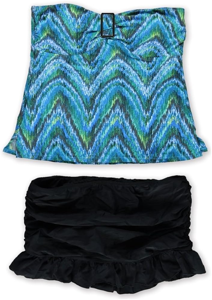 Womens Patterned Ruffle Skirtini 2 Piece Bandini, Blue, 12