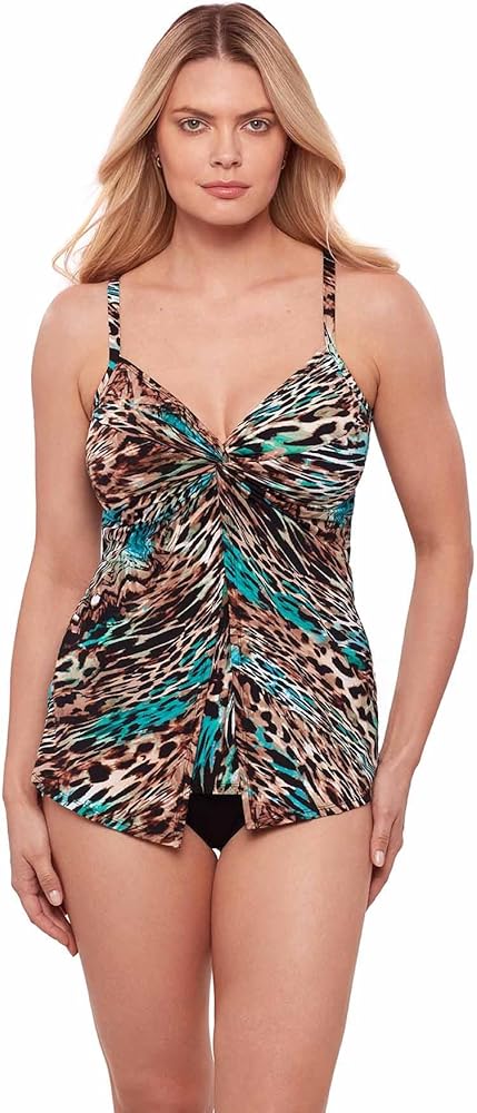 Miraclesuit Womens V-Neck Cheetah Print Tankini Swim Top Black 14