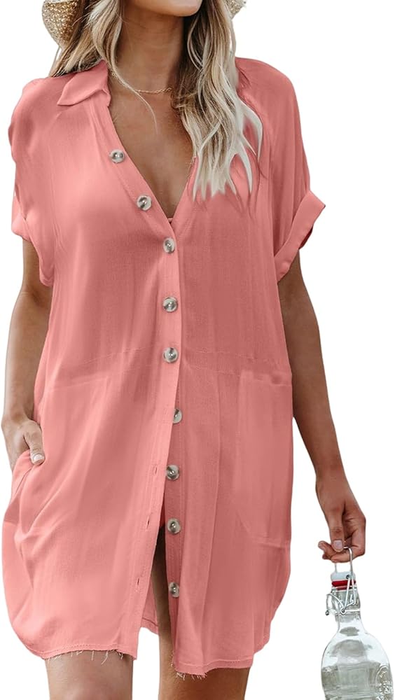 Women's Swimsuit Cover Up Shirt Bikini Beachwear Cover Ups Bathing Suit Summer Beach Dress Button Down V Neck Shirt