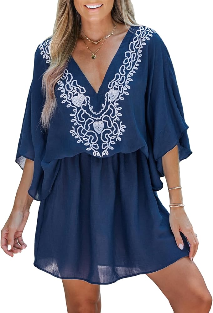 CUPSHE Women Embroidered V-Neck Cover-Up Mini Dress Short Sleeves Cover Ups Casual Beach Summer