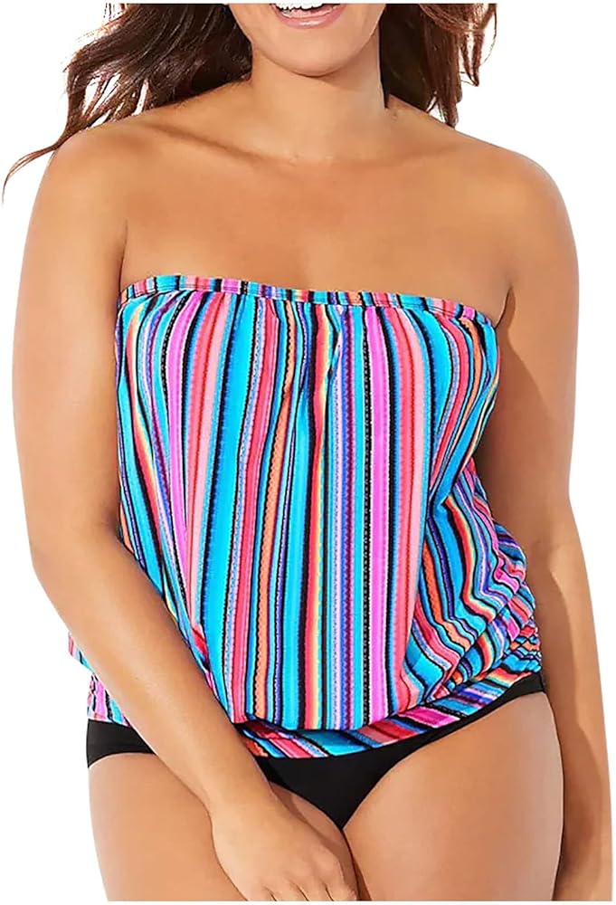 Two Piece Bandeau Tankini Swimsuits for Women Loose Blouson Strapless Swim Top with Bikini Bottom Bathing Suits