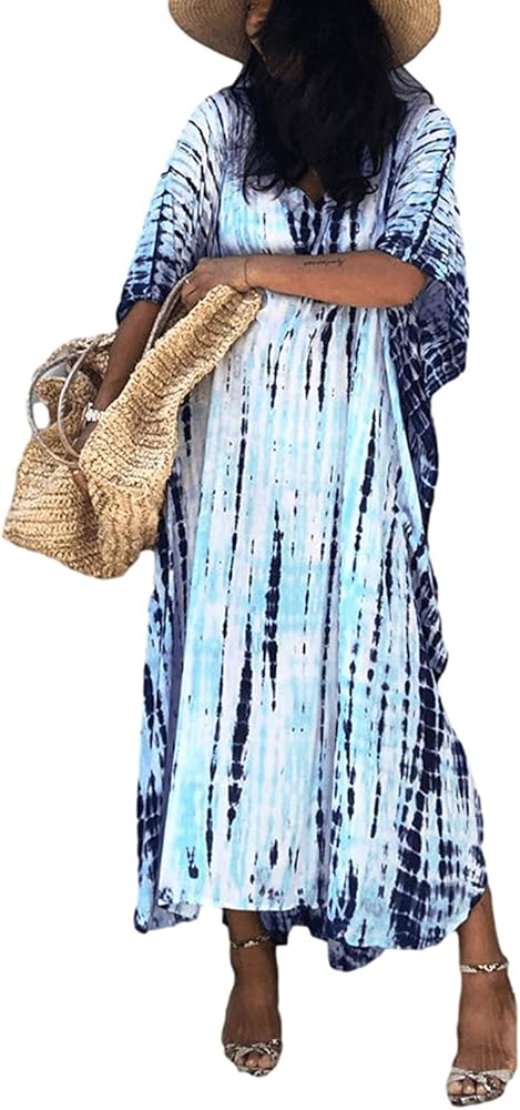 caftan dresses for Women hawaiian dress plus size Kaftan Dresses Blue caftan Stripe Print Caftan Dress Light weight tie dye Vneck Caftan Summer wear Swimsuit Cover ups (On-730-8-Light Blue)