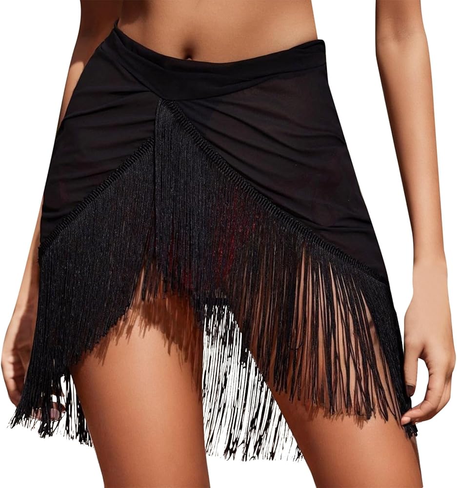 Swimsuit Coverup for Women Drawstring Ruched Sheer Swim Skirt Beach Mesh Bathing Suit Cover Ups Sexy Bikini Cover Up