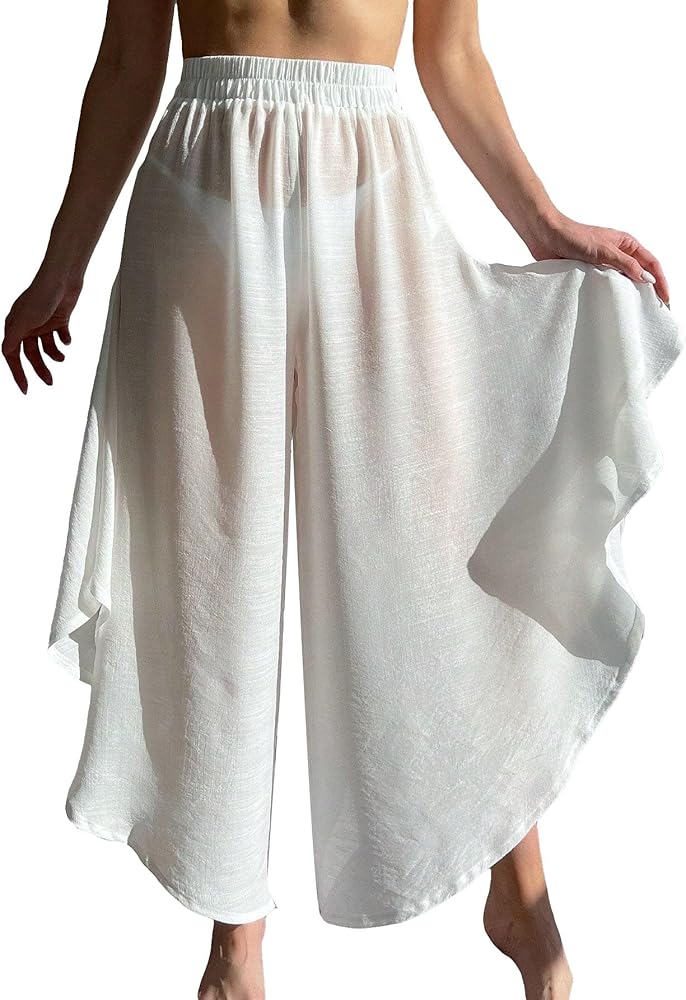 WDIRARA Women's Boho Ruffle Asymmetrical Hem Elastic High Waist Wide Leg Sheer Cover Up Beach Pants