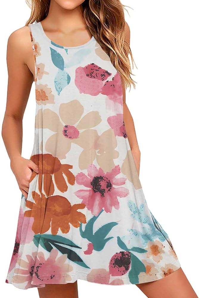 Women's Floral Tank Dress Summer Sleeveless Casual Tshirt Sundress for Beach Floral T-Shirt Dress for Women (Pink-B, L)