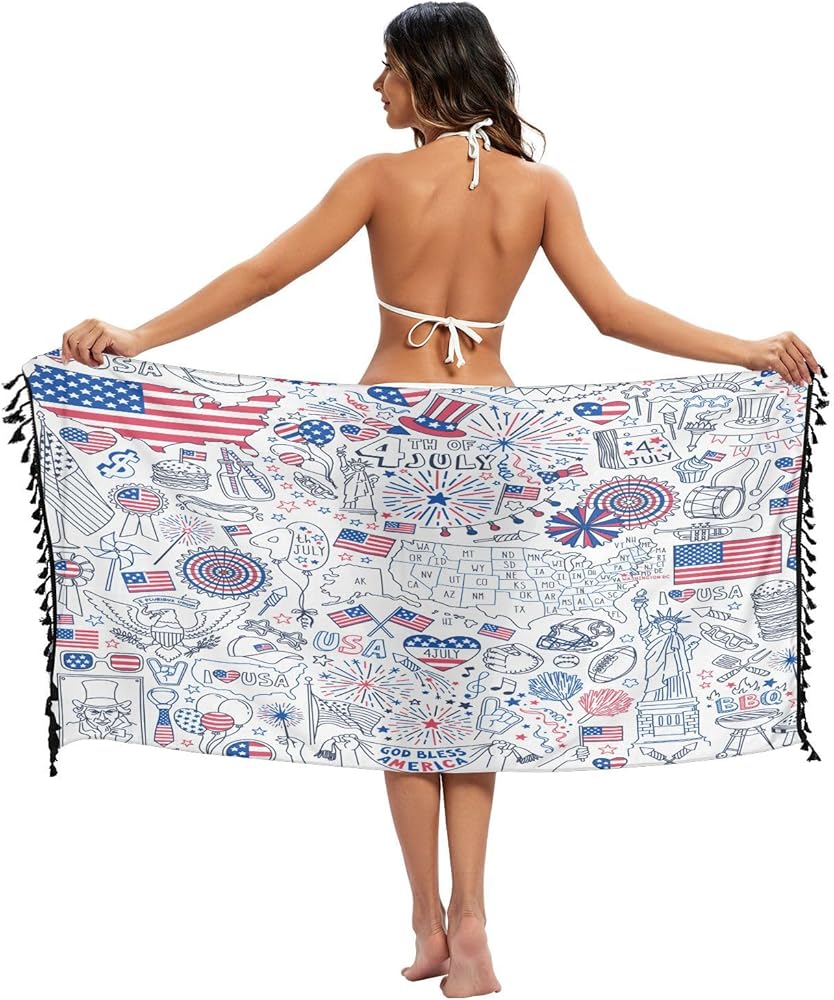 4th of July Women's Beach Sarong Coverups Summer Bikini Swimsuit Wrap Skirts with Tassels