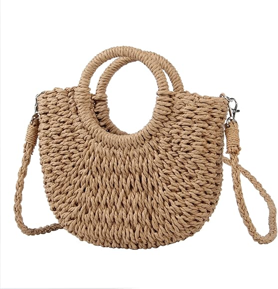 Naudamp Bolso de Playa de Paja Para Mujer Bolso de Mano con asa Redonda Bolsos de Verano Tejidos a mano Bolso de Mano con Bufanda