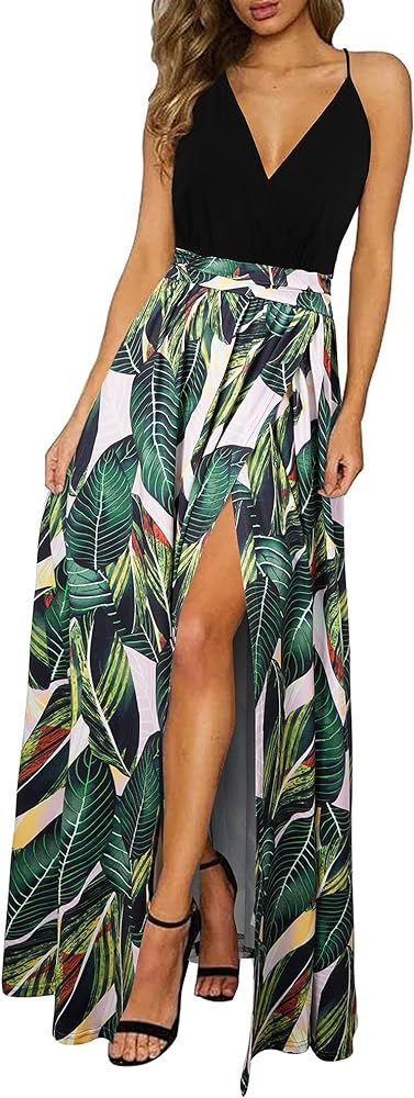 Newshows Women's 2024 Summer Maxi Dress Spaghetti Strap Spring Casual Boho V Neck Split Beach Long Flowy Dresses Trendy