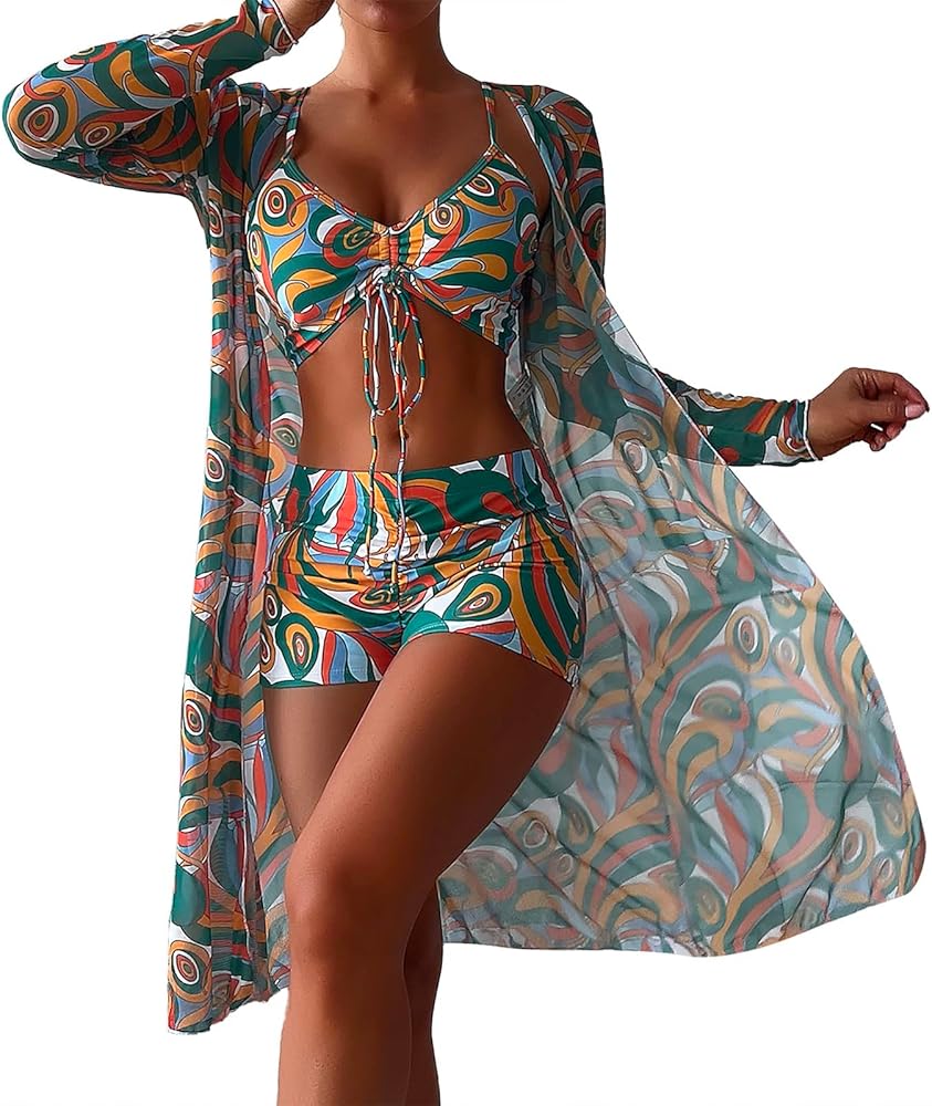 Women Summer Bikini Kimono Bathing Suit Cover Ups Swimwear 3 Piece Drawstring High Waist Boyshort Bikini Set Swimsuit