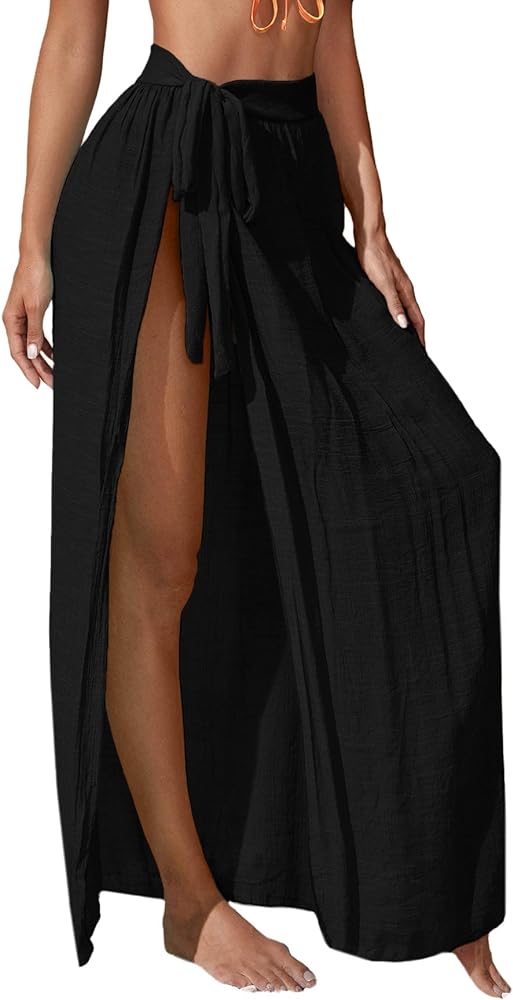 SOLY HUX Women's Self Tie Wrap Side Tassel Hem Swimwear Cover Up Mini Skirt