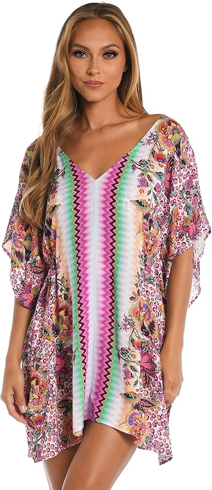 Sunshine 79 Women's Standard Short Sleeve Tunic Cover Up Dress, Multi//Flora Festival Mix