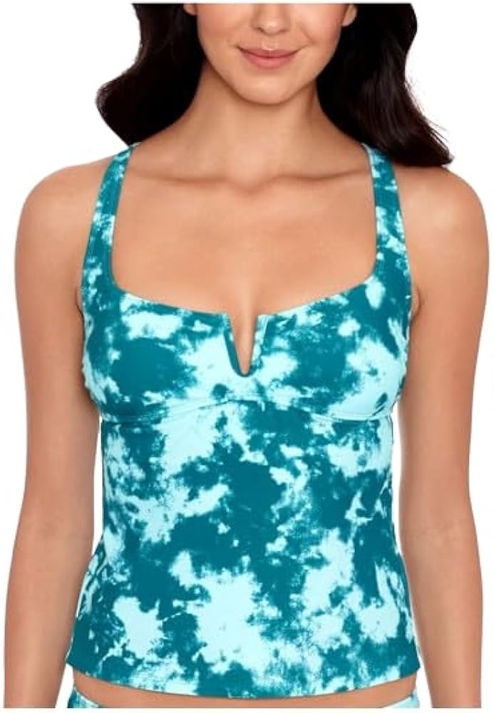 Women's Green Acid Wash Stretch Lined V-Wire Tie Sea Foam Square Neck Tankini Swimsuit Top L