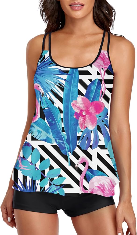 Womens Tankini Swimsuits for Two Piece Bathing Suits with Boyshorts Tummy Control Cute Flamingo Printing