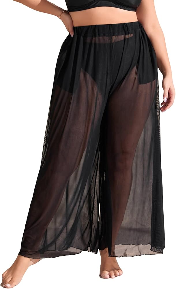 Milumia Women's Plus Size Wide Leg Sheer Coverup Pants Pocket Long Cover Up Beachwear