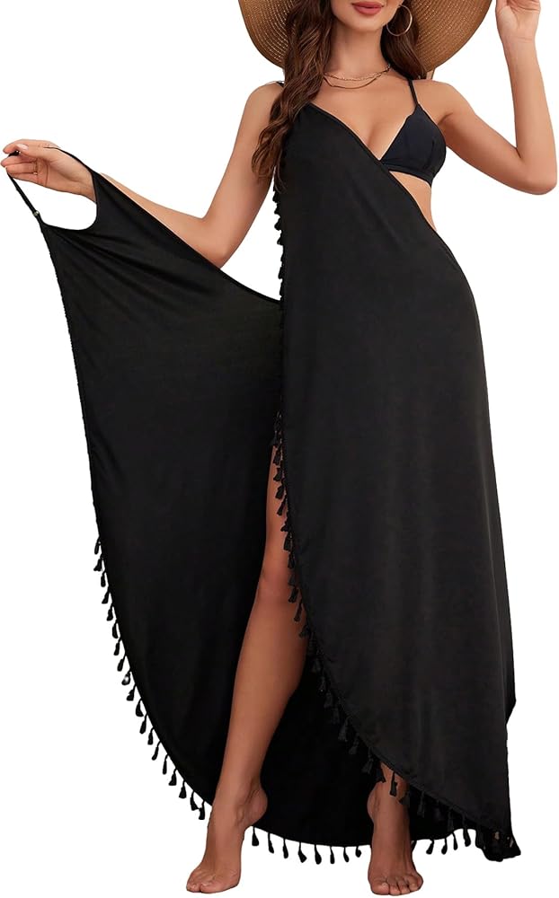 Milumia Women's Tassel Trim Wrap Beach Cover Up Long Dress Sleeveless Bikini Coverups Kmono