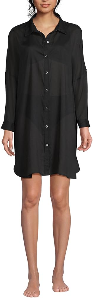 Lands' End Women's Sheer Oversized Button Front Swim Cover-up Shirt