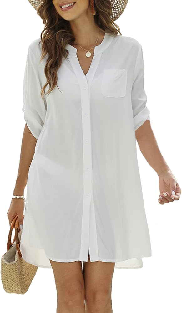 SimpleFun Women's Swimsuit Cover Ups 3/4 Sleeve Button Down Shirt Bathing Suit Beach Dresses